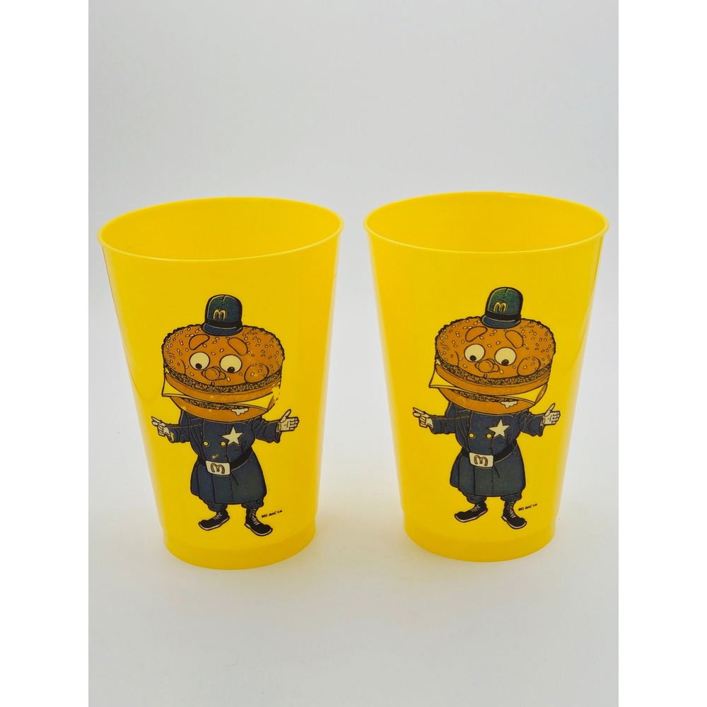 Vtg 1971 McDonalds Officer Big Mac Yellow Plastic Cups Set of 2 Retro Drinkware